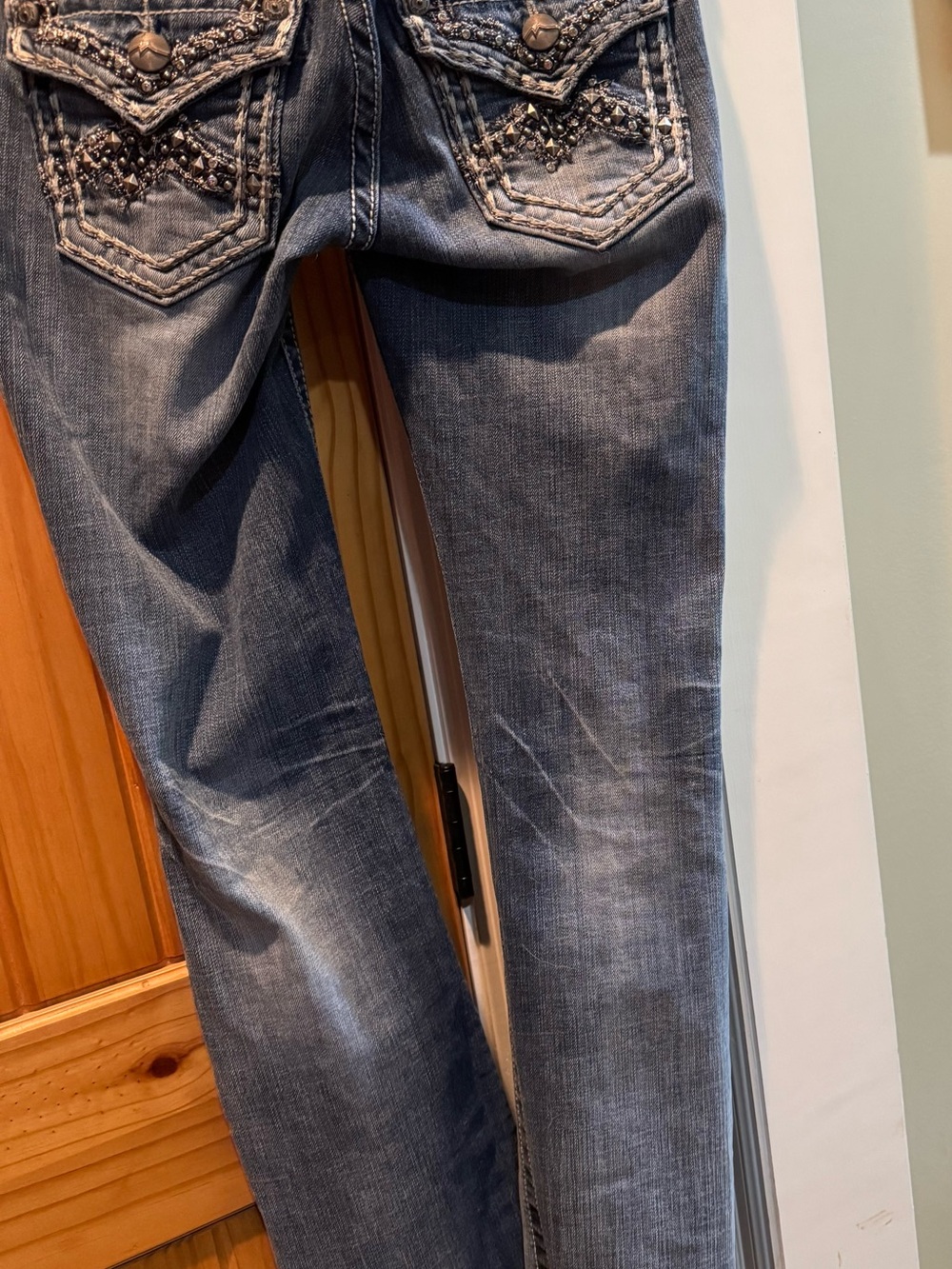 Miss Me Straight Leg Jeans in Faded Blue with Embellished Back Pockets